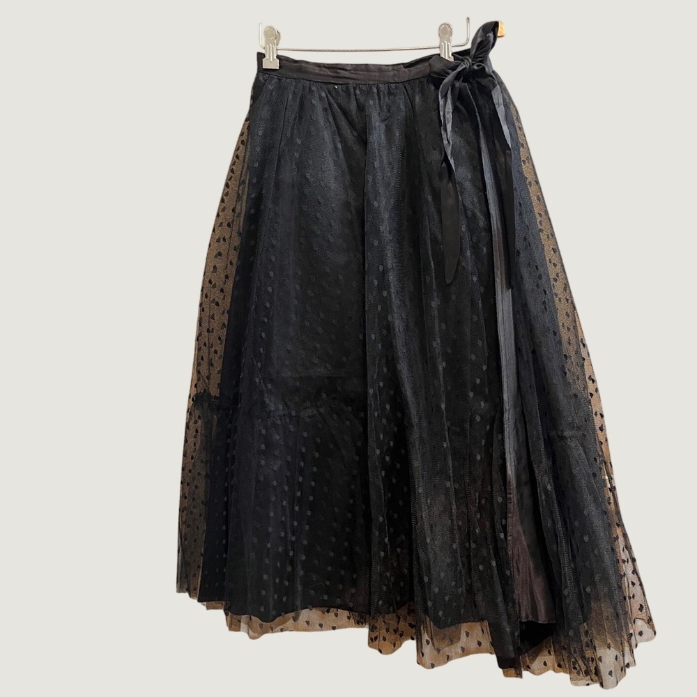 Janet Russo Tulle Midi Skirt Women 12 Black Dot Flocked Side Tie Vintage